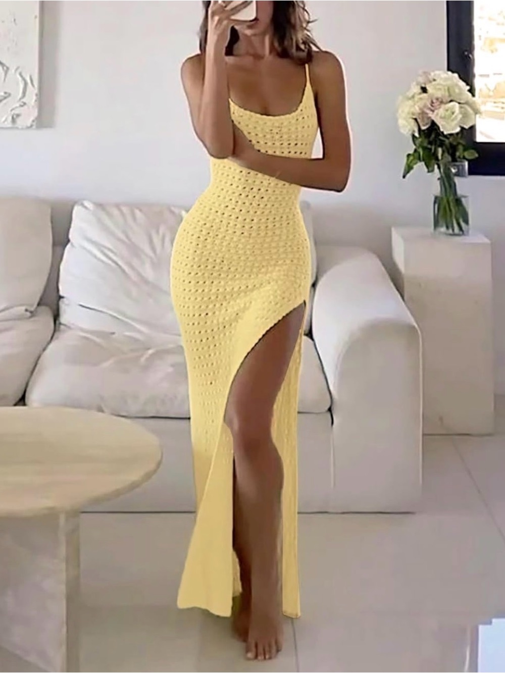Yellow Knit Maxi Dress with Side Slit - Women's Summer Dress